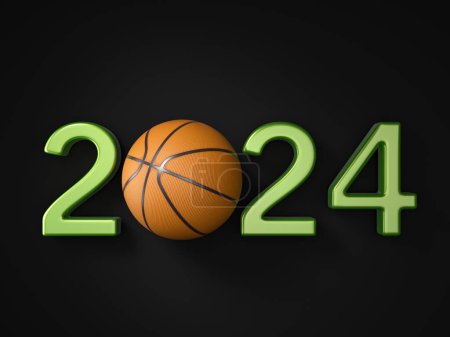 Foto de Número de año nuevo con pelota de baloncesto sobre un fondo negro. ilustración 3d. - Imagen libre de derechos