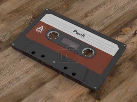 Foto de Cassette punk cinta sobre un fondo de madera. ilustración 3d. - Imagen libre de derechos