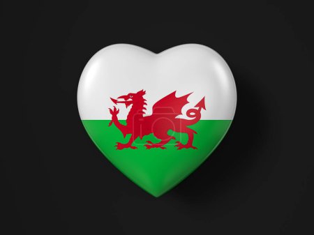 Foto de Bandera del corazón de Gales sobre fondo negro. ilustración 3d. - Imagen libre de derechos