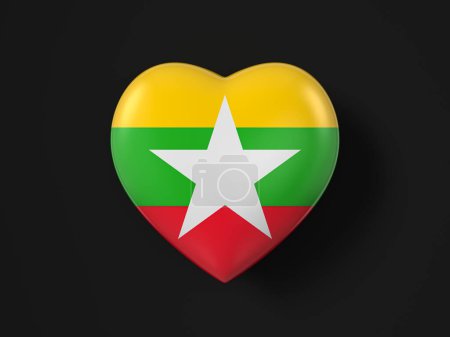 Foto de Bandera del corazón de Myanmar sobre fondo negro. ilustración 3d. - Imagen libre de derechos