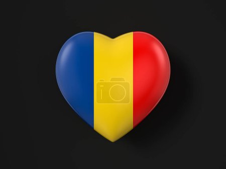 Foto de Bandera del corazón de Rumania sobre fondo negro. ilustración 3d. - Imagen libre de derechos