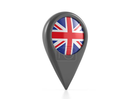 Foto de Marcador de mapa con bandera del Reino Unido sobre fondo blanco. ilustración 3d. - Imagen libre de derechos