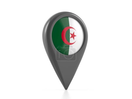 Téléchargez les photos : Marqueur de carte avec drapeau algérien sur fond blanc. Illustration 3d. - en image libre de droit