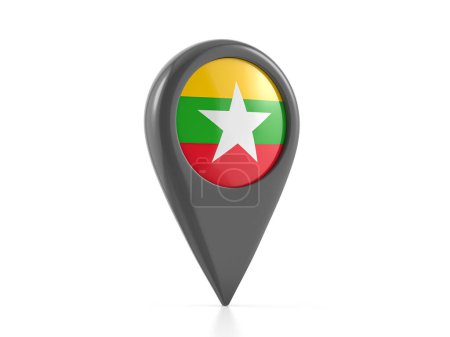 Téléchargez les photos : Marqueur de carte avec drapeau du Myanmar sur fond blanc. Illustration 3d. - en image libre de droit