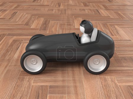 Foto de Coche de juguete en un suelo de parquet. ilustración 3d. - Imagen libre de derechos