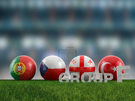 Fußballbälle mit Fahnen der Mannschaften der Gruppe F der EM 2024 auf einem Fußballplatz. 3D-Illustration.