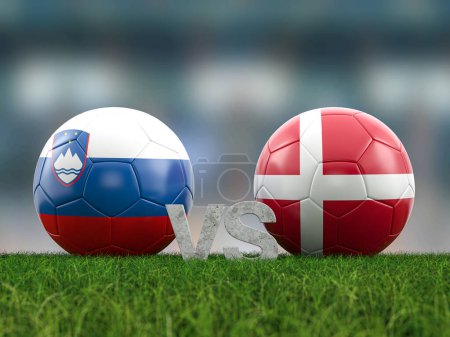 Fußball-EM-Gruppe C Slowenien gegen Dänemark. 3D-Illustration.