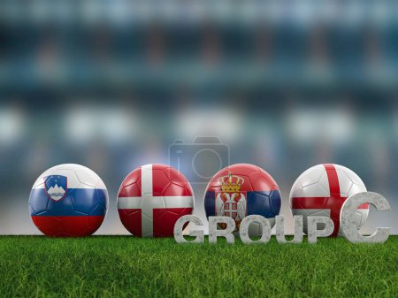 Football balls with flags of Euro 2024 group C teams on a football field. 3d illustration.