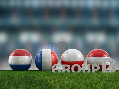 Football balls with flags of Euro 2024 group D teams on a football field. 3d illustration.