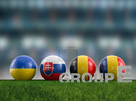 Football balls with flags of Euro 2024 group E teams on a football field. 3d illustration.