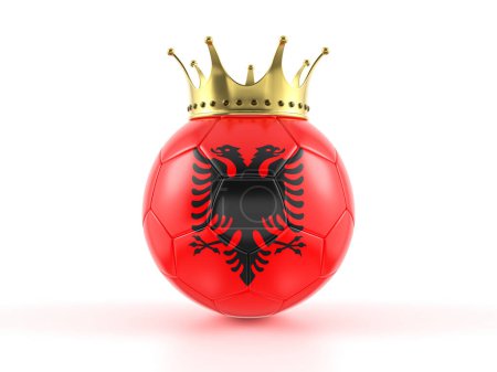 Bandera de Albania pelota de fútbol con corona sobre fondo blanco. ilustración 3d.