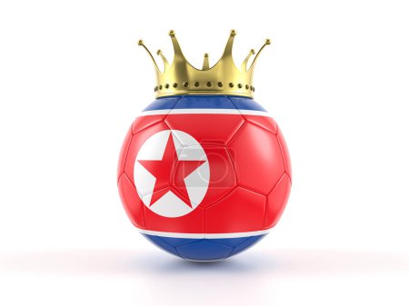 Nordkorea-Flagge Fußball mit Krone auf weißem Hintergrund. 3D-Illustration.