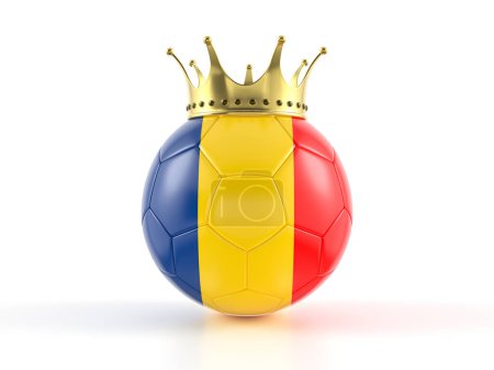 Foto de Bandera de Rumania pelota de fútbol con corona sobre fondo blanco. ilustración 3d. - Imagen libre de derechos