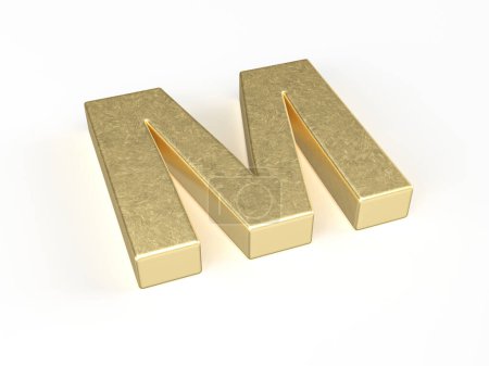 Gold letter M on a white background. 3d illustration.