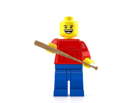 Foto de Minifigura de juguete con bate de béisbol sobre fondo blanco. ilustración 3d. - Imagen libre de derechos