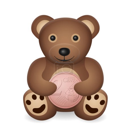 Illustration for Teddy bear with two euro cent on a white background. Vector illustration. - Royalty Free Image