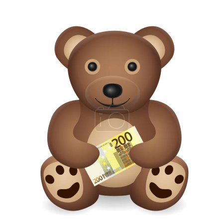 Illustration for Teddy bear with Two hundred euro banknote on a white background. Vector illustration. - Royalty Free Image