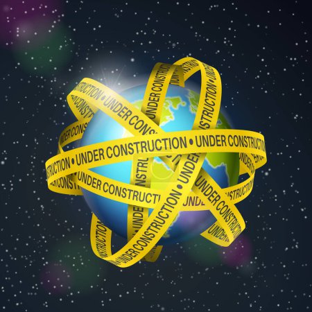Ilustración de World globe with under construction tape on space background. Vector illustration. - Imagen libre de derechos