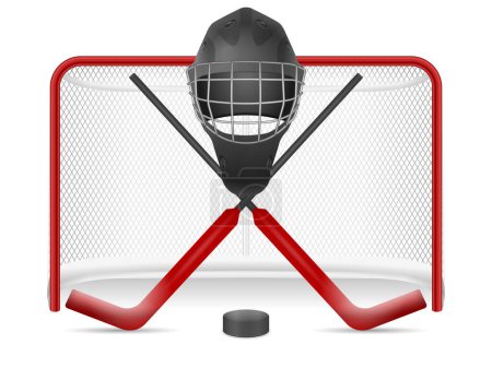 Téléchargez les illustrations : Filet de hockey, casque, bâtons et rondelle sur fond blanc. Illustration vectorielle. - en licence libre de droit