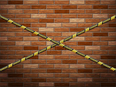 Illustration for Danger tape on bricks background. Vector illustration. - Royalty Free Image
