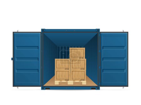Illustration for Open shipping cargo container with wooden boxes on a white background. Vector illustration. - Royalty Free Image