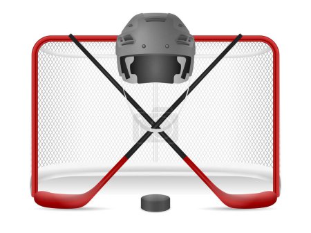Ilustración de Red de hockey, casco, palos y disco sobre fondo blanco. Ilustración vectorial. - Imagen libre de derechos