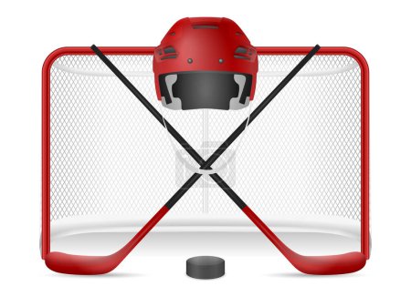 Hockeynetz, Helm, Stöcke und Puck auf weißem Hintergrund. Vektorillustration.