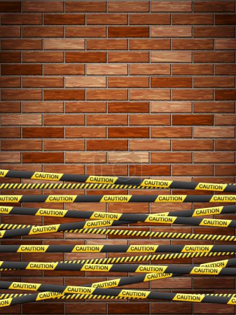 Illustration for Caution tape on bricks background. Vector illustration. - Royalty Free Image