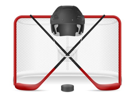 Illustration for Hockey net, helmet, sticks and puck on a white background. Vector illustration. - Royalty Free Image