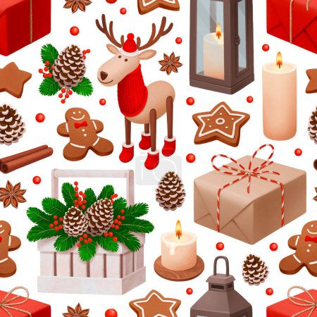Téléchargez les photos : Modèle sans couture de Noël. Coffrets cadeaux, jouets de rennes, bougies, biscuits au pain d'épices, décorations de Noël et illustrations d'épices - en image libre de droit