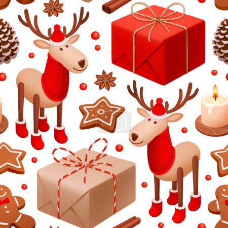 Téléchargez les photos : Modèle sans couture de Noël. Coffrets cadeaux, jouet de renne, pain d'épice et biscuits étoilés avec illustrations d'épices de Noël - en image libre de droit