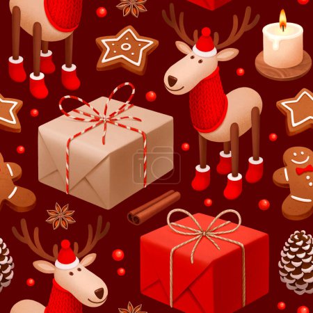 Téléchargez les photos : Modèle sans couture de Noël. Coffrets cadeaux, jouet de renne, pain d'épice et biscuits étoilés avec illustrations d'épices de Noël - en image libre de droit