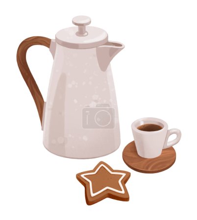 Photo for Coffee pot, cup of coffee and star cookie - Royalty Free Image