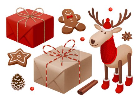 Foto de Ilustraciones de Navidad. Cajas de regalo, juguete de renos, hombre de jengibre y galletas estrella con especias navideñas - Imagen libre de derechos