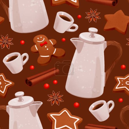 Foto de Patrón sin costuras de Navidad. Cafetera, Pan de jengibre Hombre y galletas estrella con especias navideñas - Imagen libre de derechos