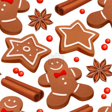 Photo for Christmas seamless pattern. Gingerbread Man and star cookies with Christmas spices - Royalty Free Image