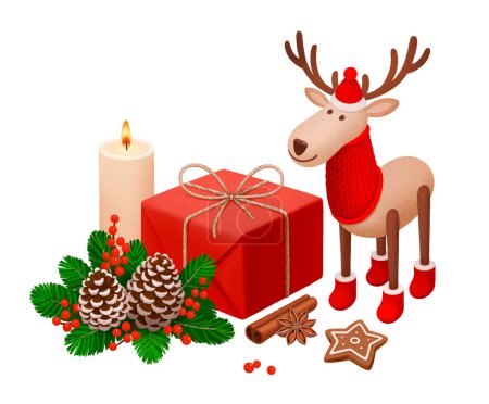 Foto de Acogedora Navidad. Ilustraciones de caja de regalo de Navidad, juguete de venado, vela, decoraciones y galletas - Imagen libre de derechos