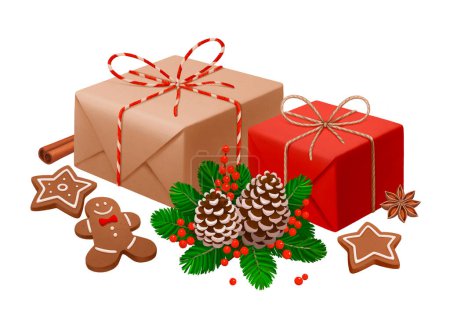 Téléchargez les photos : Joyeux Noël. Illustrations de coffrets cadeaux de Noël, décorations et biscuits - en image libre de droit