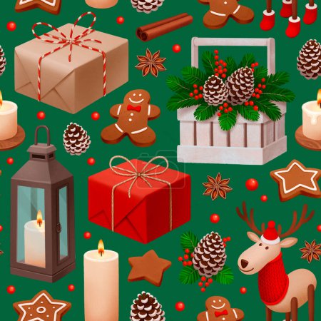 Téléchargez les photos : Modèle sans couture de Noël. Coffrets cadeaux, jouets de rennes, bougies, biscuits au pain d'épices, décorations de Noël et illustrations d'épices - en image libre de droit