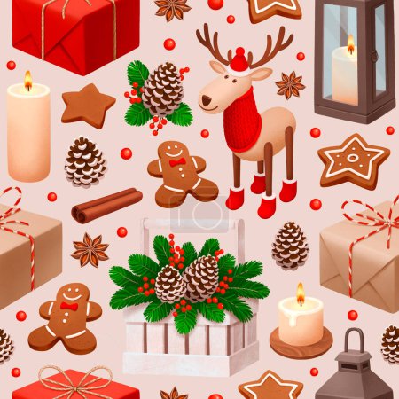 Photo for Christmas seamless pattern. Gift boxes, reindeer toy, candle, gingerbread man and star cookies, Christmas decorations and spices illustrations - Royalty Free Image