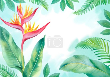 Photo for Watercolor heliconia flower. Hand painted tropical background - Royalty Free Image