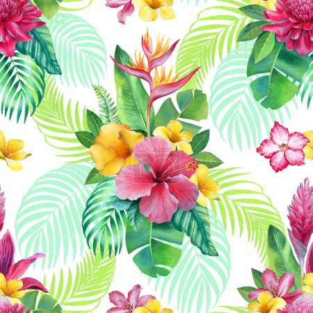 Photo for Watercolor background with illustrations of tropical flowers. Seamless pattern design - Royalty Free Image
