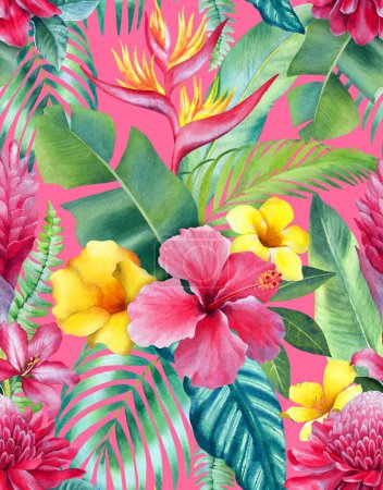 Foto de Fondo acuarela con ilustraciones de flores tropicales. Diseño de patrón sin costura - Imagen libre de derechos
