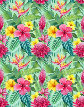 Foto de Fondo acuarela con ilustraciones de flores tropicales. Diseño de patrón sin costura - Imagen libre de derechos