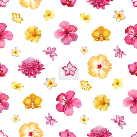 Téléchargez les photos : Aquarelle de fond avec des illustrations de fleurs tropicales. Conception de modèle sans couture - en image libre de droit