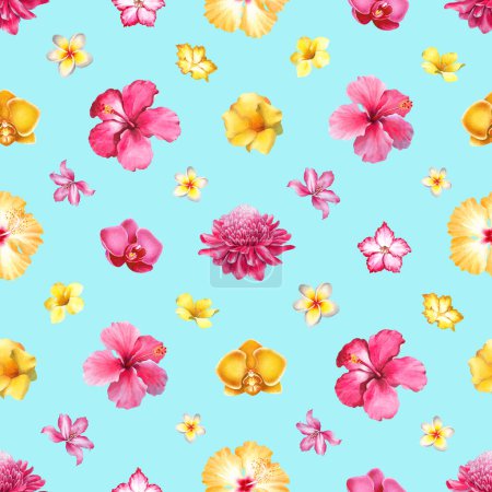 Photo for Watercolor background with illustrations of tropical flowers. Seamless pattern design - Royalty Free Image