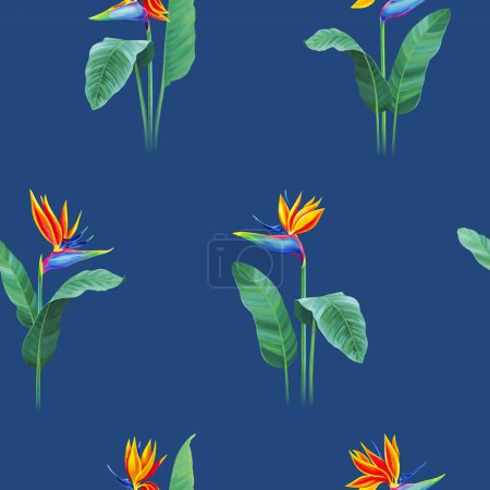 Téléchargez les photos : Seamless pattern design with hand painted illustration of Sterlitzia flower. Pattern for fabric, baby clothes, wallpapers, home textile, wrapping paper and other decoration - en image libre de droit