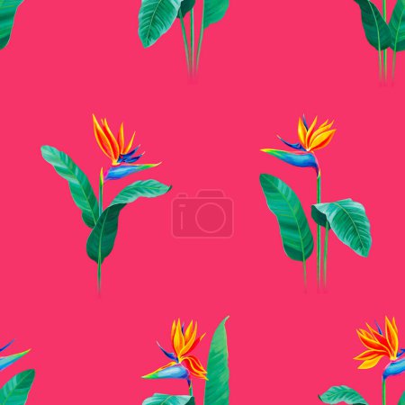 Foto de Seamless pattern design with hand painted illustration of Sterlitzia flower. Pattern for fabric, baby clothes, wallpapers, home textile, wrapping paper and other decoration - Imagen libre de derechos