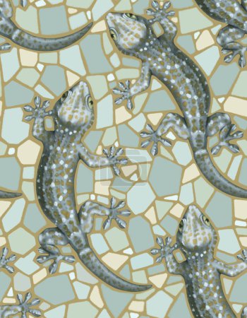 Foto de Seamless pattern design with hand drawn illustrations of Tokay Gecko. Pattern for fabric, clothes, wallpapers, home textile, wrapping paper and other decoration - Imagen libre de derechos