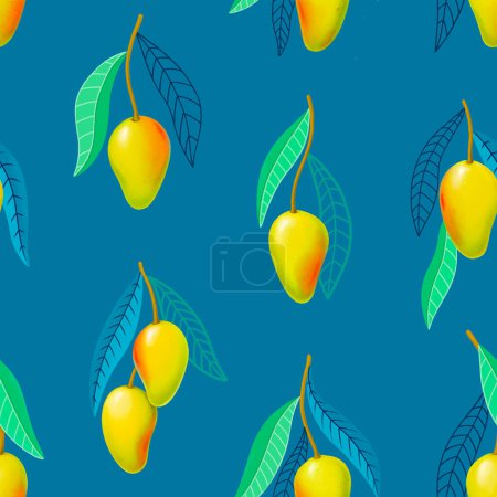 Foto de Seamless pattern design with hand drawn illustrations of mango fruit. Pattern for fabric, product packaging, wallpapers, home textile, wrapping paper and stationery - Imagen libre de derechos